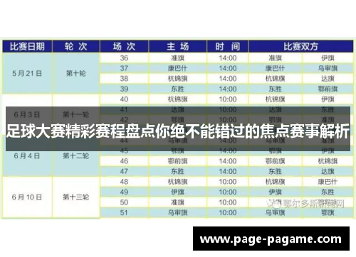 足球大赛精彩赛程盘点你绝不能错过的焦点赛事解析