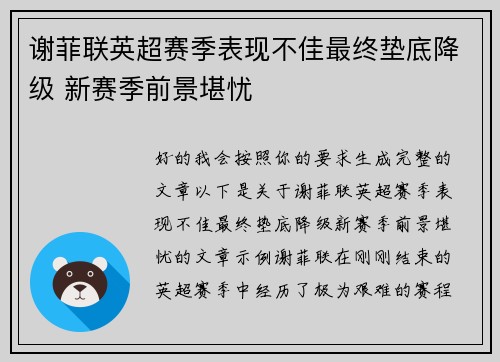 谢菲联英超赛季表现不佳最终垫底降级 新赛季前景堪忧